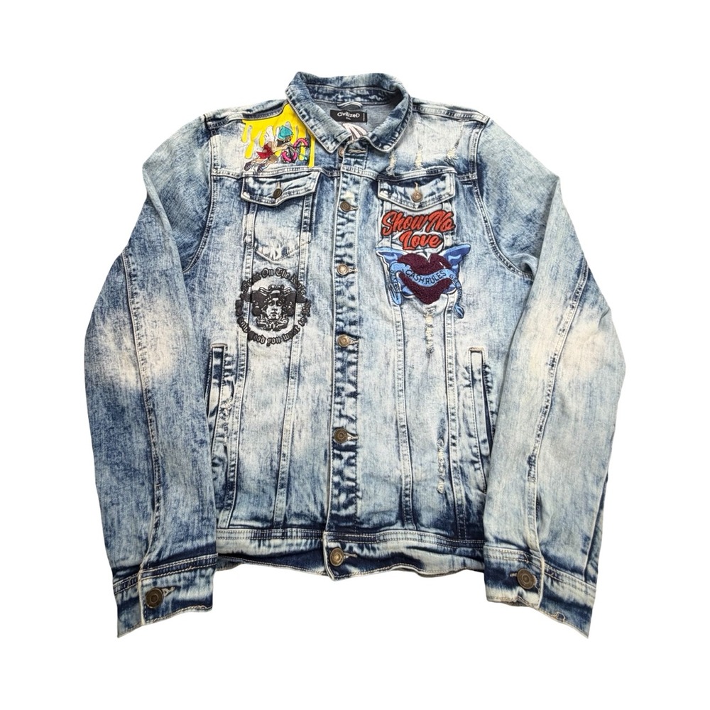 CivilizeD Denim Jacket Mens 2XL Blue Acid Wash Show No Love Graphic Distressed